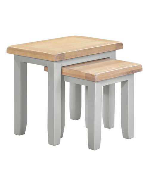 Hampton Pebble Grey Nest of 2 Tables, two nested tables with light wooden tops and grey-painted legs and frames, modern furniture design.