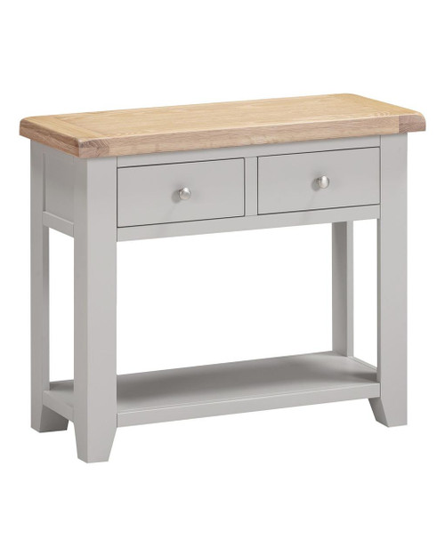 Hampton Pebble Grey 2 Drawer Console Table HG300-304-034, a stylish furniture piece with a grey painted finish, featuring two drawers with metal knobs, a natural wood top, and a lower shelf for additional storage. Hampton Pebble Grey 2 Drawer Console Table HG300-304-034, a stylish furniture piece with a grey painted finish, featuring two drawers with metal knobs, a natural wood top, and a lower shelf for additional storage.