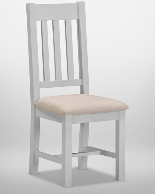 Hampton Pebble Grey Slatted Chair (Box of 2), a modern outdoor dining chair with a slatted backrest and a cushioned seat in beige fabric.