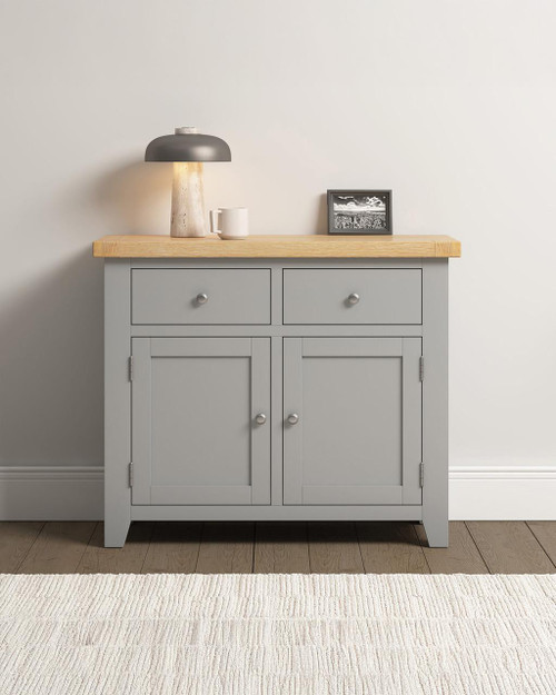 Hampton Pebble Grey 2 Door 2 Drawer Sideboard HG400-405-047, modern grey sideboard with a natural wood top, two drawers and two doors for storage.