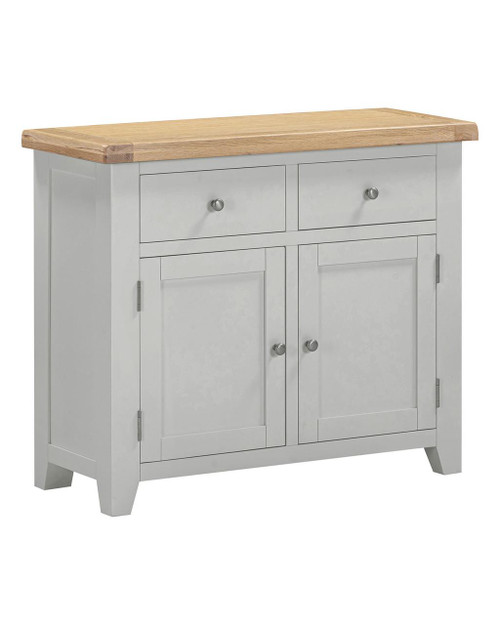 Hampton Pebble Grey 2 Door 2 Drawer Sideboard HG400-405-047, wooden sideboard with a natural wood top and light grey painted finish, featuring two drawers and two doors with metallic knobs, ideal for storage and home decor.