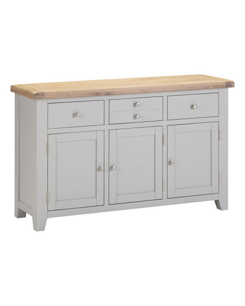 Hampton Pebble Grey 3 Door 3 Drawer Sideboard HG400-405-050, a modern sideboard with a natural wood top, white painted finish, three doors, three drawers, and silver knobs.