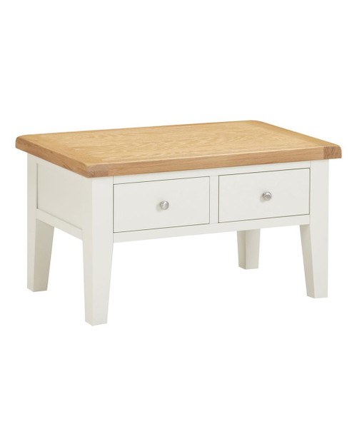 Hampton Ivory 2 Drawer Coffee Table HI300-301-090, wooden coffee table with ivory finish and two drawers, natural wood top, modern design.