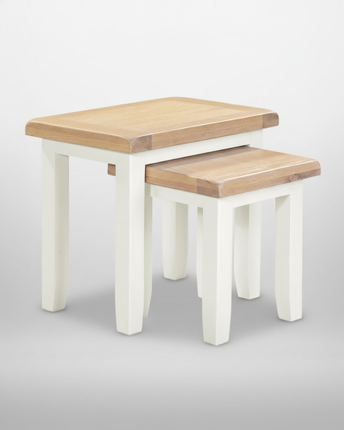 Hampton Ivory Nest of 2 Tables, wooden top tables with a ivory painted base designed for living room or bedroom decor