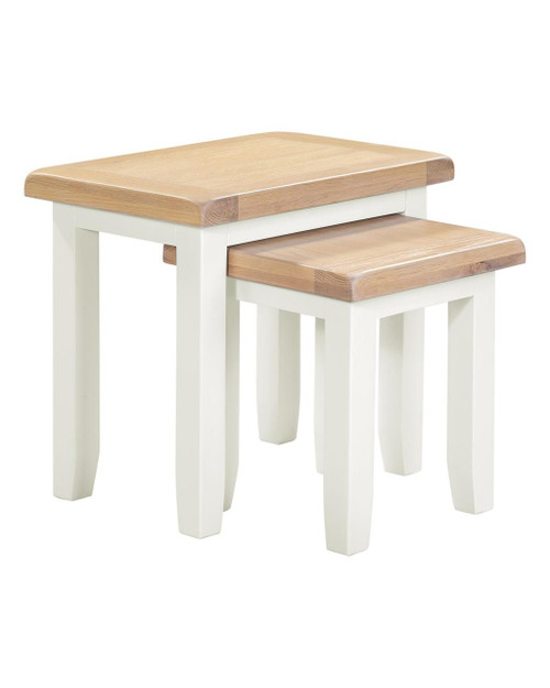 Hampton Ivory Nest of 2 Tables, wooden top tables with a white painted base designed for living room or bedroom decor