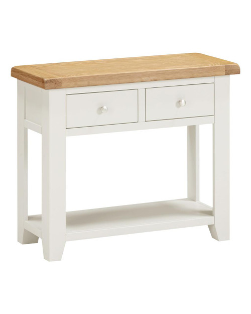 Hampton Ivory 2 Drawer Console Table HI300-304-035, a stylish white wooden console table with a natural wood top and two small drawers with knob handles.