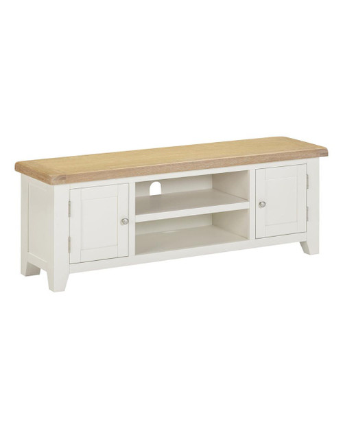 Hampton Ivory Straight TV Unit HI300-305-069, White wooden TV console with a natural wood top, featuring two closed cabinets and an open shelf for media devices.
