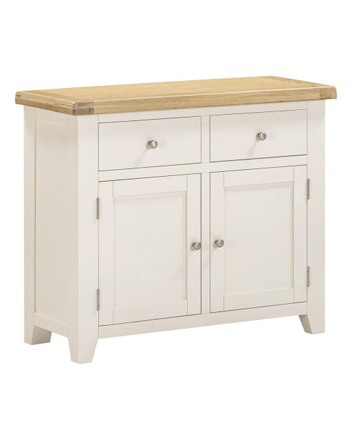 Hampton Ivory 2 Door 2 Drawer Sideboard HI400-405-048, white wooden sideboard with natural wood top, two drawers and two cabinet doors with round metallic knobs, in a modern farmhouse style.