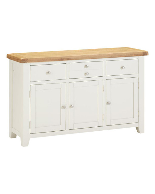 Hampton Ivory 3 Door 3 Drawer Sideboard HI400-405-051, a white wooden sideboard with three doors and three drawers topped with a natural wood finish.