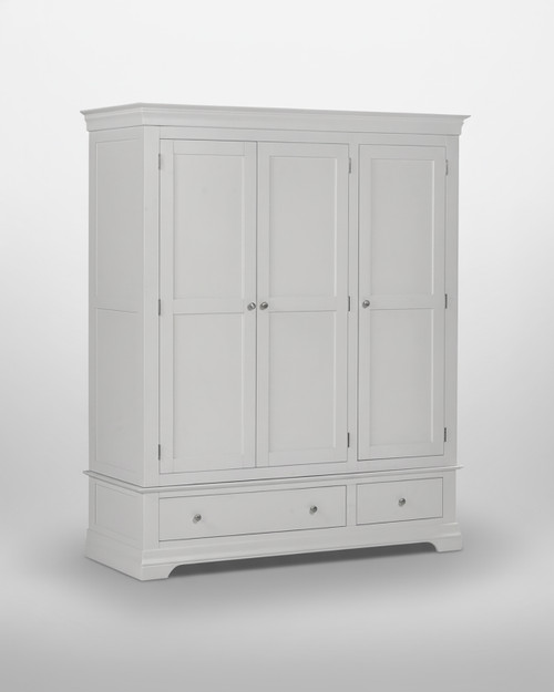 Vermont 3 Door Wardrobe in Pebble Grey VM100-101-234, a large white wardrobe with three doors and two drawers at the bottom, featuring a classic design and silver knobs.