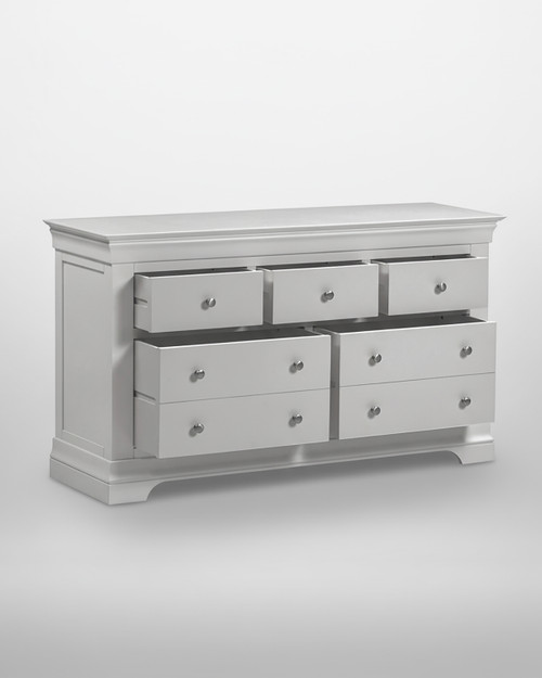 Vermont 3+2 Drawer Chest in Pebble Grey VM100-102-224, elegant furniture with six drawers and silver knobs, suitable for bedroom storage.