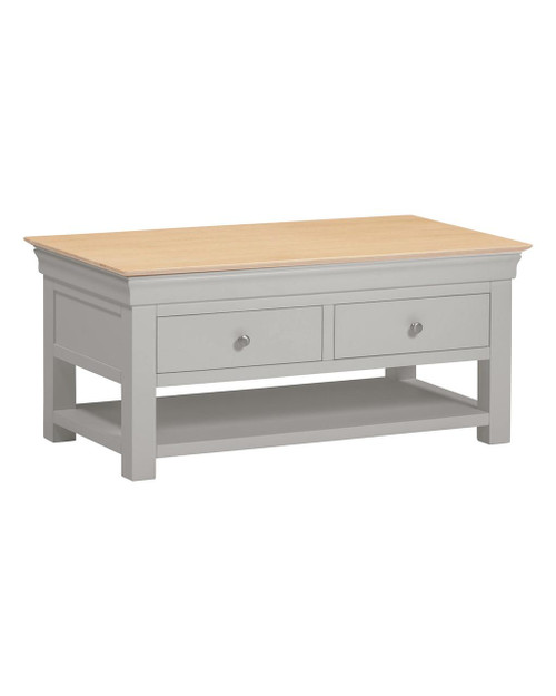 Vermont 2 Drawer Coffee Table in Pebble Grey/Oak VM300-301-091, modern wooden coffee table with a spacious lower shelf and two drawers for storage, featuring a light wooden top and grey painted base.