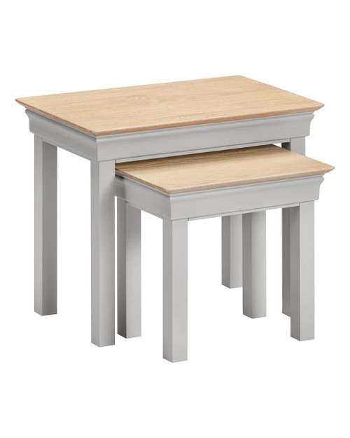 Vermont Nest of 2 Tables in Pebble Grey/Oak VM300-303-043, nested wooden tables with light oak tops and grey painted bases, space-saving design for living room or bedroom.