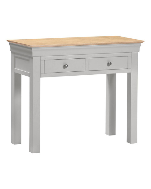 Vermont Console Table in Pebble Grey/Oak VM300-304-036, modern entryway or side table with a wooden top and two drawers. Vermont Console Table in Pebble Grey/Oak VM300-304-036, modern entryway or side table with a wooden top and two drawers.