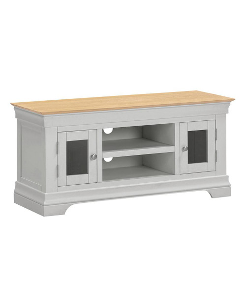 Vermont Small TV Stand in Pebble Grey/Oak VM300-305-063, a white media console with glass-paneled doors, open shelves, and a natural wood top.