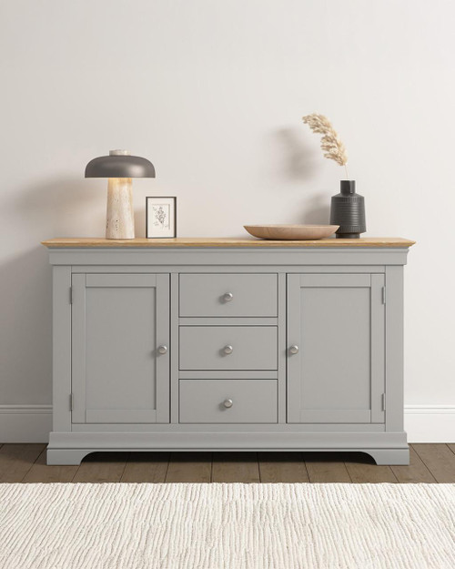Vermont 2 Door 3 Drawer Sideboard, modern sideboard with a pebble grey finish and oak top, featuring two doors and three drawers, ideal for living room or dining room storage.