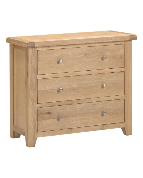 Hampton Oak 3 Drawer Chest HO100-102-231, wooden storage unit with three drawers and silver knobs, made from oak wood with a natural finish. Hampton Oak 3 Drawer Chest HO100-102-231, wooden storage unit with three drawers and silver knobs, made from oak wood with a natural finish.