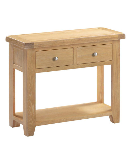Hampton Oak 2 Drawer Console Table HO300-304-033, wooden console table with two drawers and a lower shelf in oak finish. Hampton Oak 2 Drawer Console Table HO300-304-033, wooden console table with two drawers and a lower shelf in oak finish.
