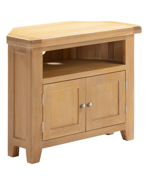 Hampton Oak Corner TV Unit HO300-305-058, wooden TV stand with open shelf and cabinet storage, finished in oak wood. Hampton Oak Corner TV Unit HO300-305-058, wooden TV stand with open shelf and cabinet storage, finished in oak wood.