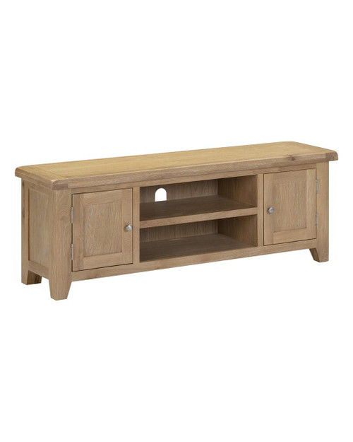 Hampton Oak Straight TV Unit HO300-305-067, wooden TV stand with two cabinet doors and open shelving for media storage and display. Hampton Oak Straight TV Unit HO300-305-067, wooden TV stand with two cabinet doors and open shelving for media storage and display.