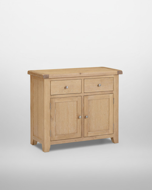 Hampton Oak 2 Door 2 Drawer Sideboard HO400-405-046, natural oak finish wooden sideboard with two drawers and two doors providing storage space.