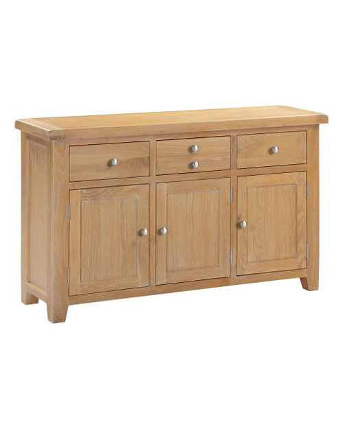 Hampton Oak 3 Door 3 Drawer Sideboard HO400-405-049, wooden sideboard with three doors and three drawers, featuring a natural oak finish and silver round knobs. Hampton Oak 3 Door 3 Drawer Sideboard HO400-405-049, wooden sideboard with three doors and three drawers, featuring a natural oak finish and silver round knobs.