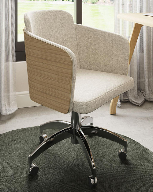 Oak and Fabric Home Office Chair JF-PC812-O, beige upholstered seat with wooden side panels and a black metal base with casters.