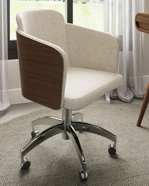 Walnut and Fabric Home Office Chair JF-PC812-W, modern ergonomic desk chair with walnut wood side panels, beige fabric upholstery, chrome base with caster wheels, suitable for home office or workspace.