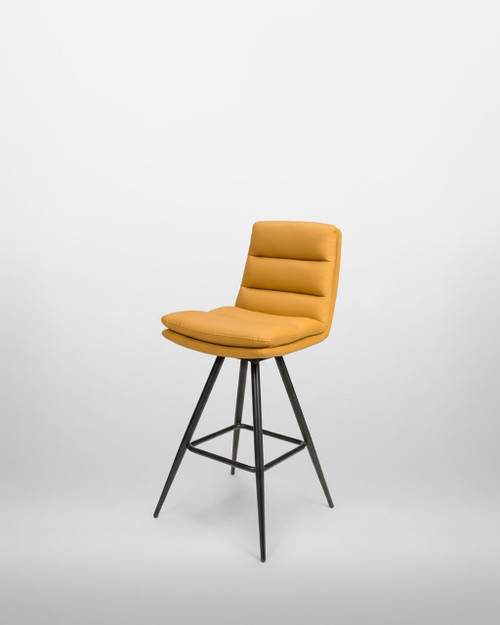 Hamilton Swivel Bar Chair In Ochre, sold as a pair, featuring mustard yellow cushioned seat and backrest with horizontal stitching, supported by a black metal base with four legs and footrest, suitable for modern bar or kitchen decor.