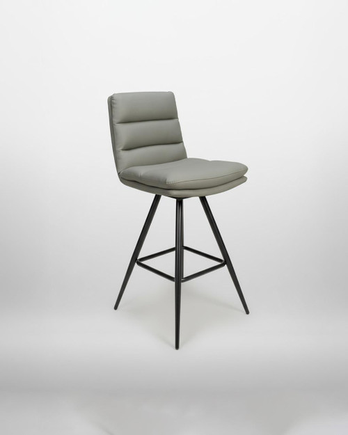 Hamilton Swivel Bar Chair In Truffle, modern swivel bar chair with cushioned, padded backrest and seat in truffle color, supported by black metal legs with a footrest.