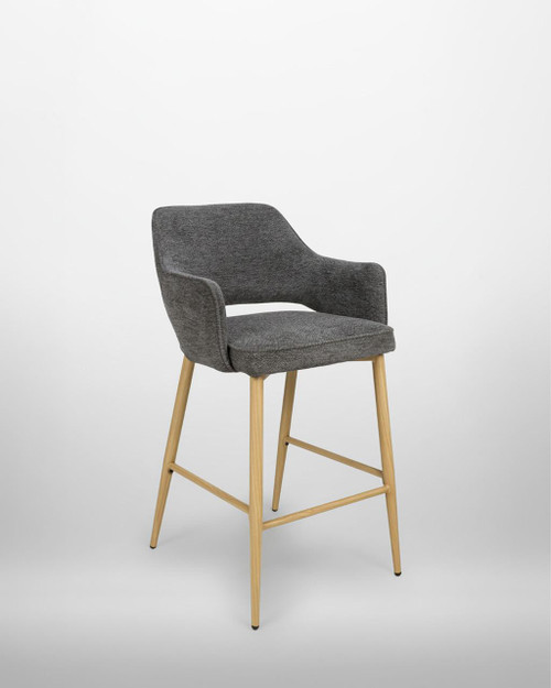 Stanley Dark Grey Bar Chair, a modern bar chair with upholstered dark grey fabric seat and backrest supported by natural wooden legs. Stanley Dark Grey Bar Chair, a modern bar chair with upholstered dark grey fabric seat and backrest supported by natural wooden legs.
