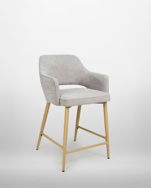 Stanley Petewer Kitchen Counter Chair, modern upholstered kitchen counter chair in light gray fabric with wooden legs, sold as a pair. Stanley Petewer Kitchen Counter Chair, modern upholstered kitchen counter chair in light gray fabric with wooden legs, sold as a pair.