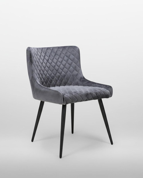 Roma Grey Dining Chair, contemporary velvet upholstered chair with black wooden legs and diamond quilted pattern on the backrest and seat, sold as a pair.