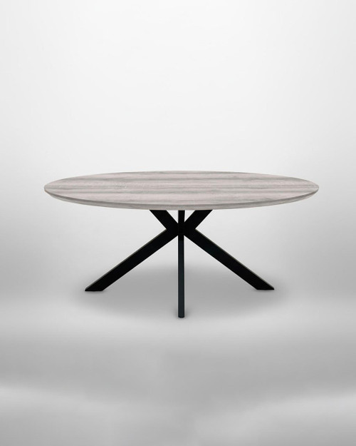 Roma 180cm Grey Oval Table, modern dining table with a grey wood finish and black geometric legs.