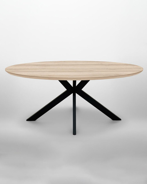 Roma 180cm Distressed Oak Oval Table, modern dining table with a light oak oval top and black metal X-shaped legs.