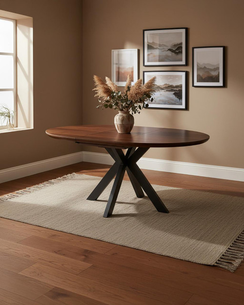 Hamilton Smoked Oak Round 120cm - 160cm Extending Table, stylish round dining table made of smoked oak wood with an expandable design for versatile use in dining rooms or kitchens.