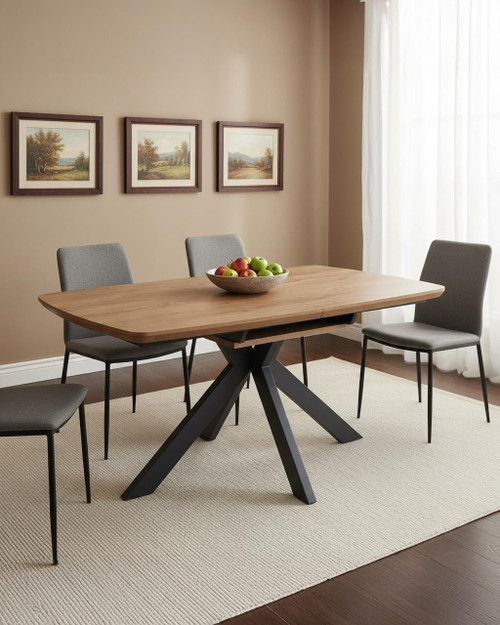 Hamilton Rustic Oak Extending Table 140cm - 180cm Table, stylish wooden dining table with black angled legs and a bowl of apples on top, in a modern dining room setting.