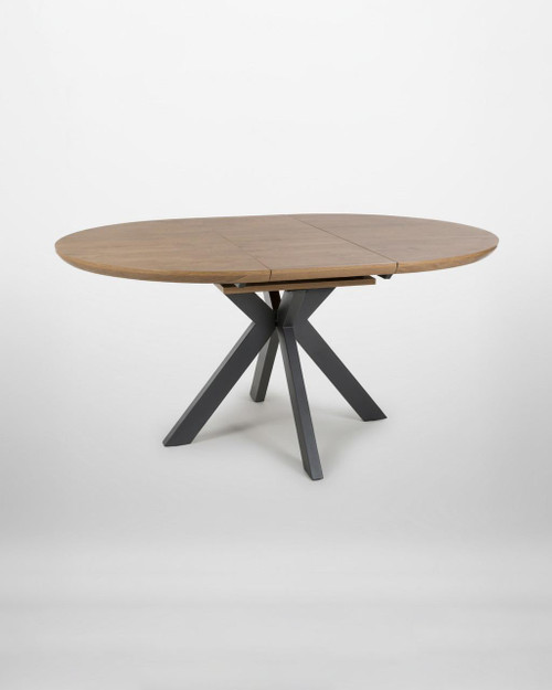 Hamilton Rustic Oak Round 120cm - 160cm Extending Table, wooden dining table with a round rustic oak top and modern black foldable X-shaped metal legs.