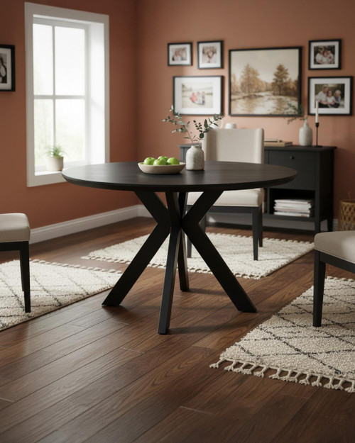 Hamilton 120cm Black Ash Round Table, round dining table with black ash finish and modern design in a cozy dining room setting.