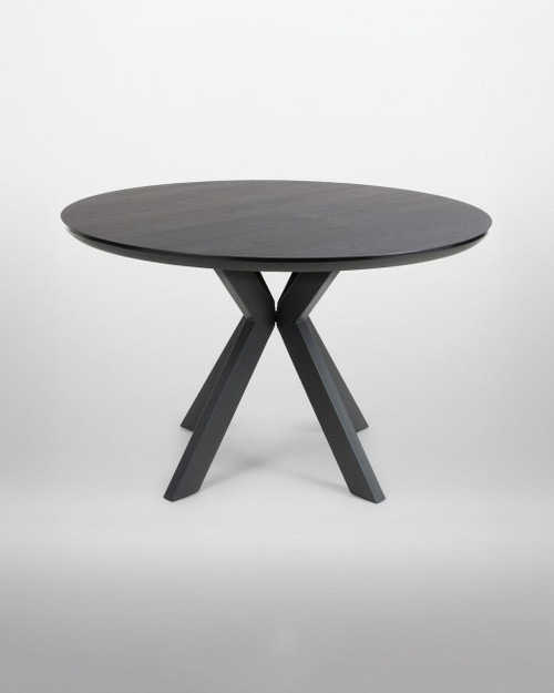 Hamilton 120cm Black Ash Round Table, modern black ash wood dining table with a round top and unique geometric black legs.