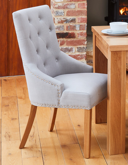 Mobel Oak Narrow Back Light Grey Upholstered Dining Chairs - 1