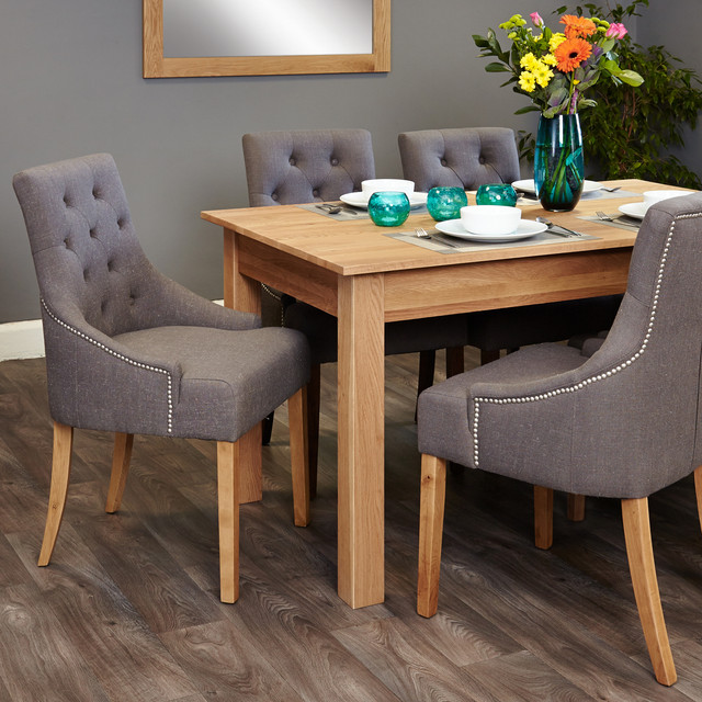 Mobel Oak 4-6 seat table and 6 grey chairs with arms - SOCOR04B-COR03F - 1