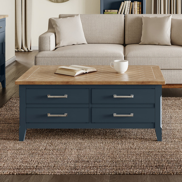 This stunning Signature Blue Coffee Table with Drawers & Storage features meticuloulsy hand-finished craftsmanship - CFR08A