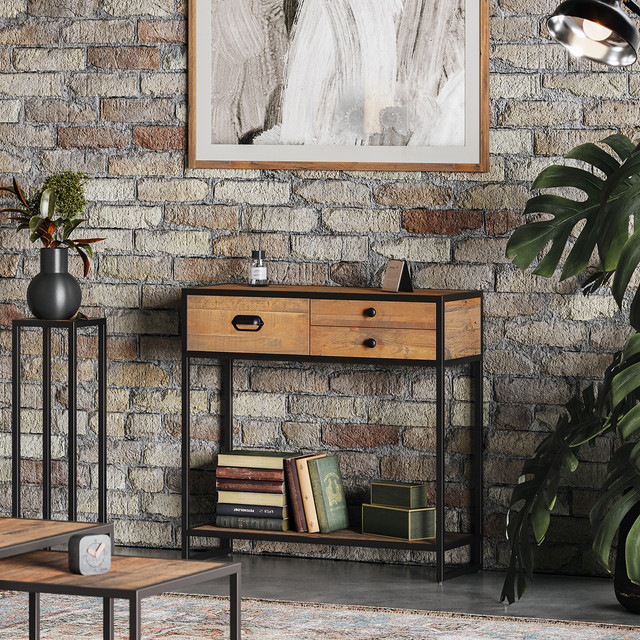 The Ooki Small Console Table by Baumhaus is a modular collection of reclaimed timber and steel