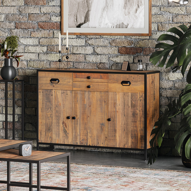 The Ooki Sideboard With 3 Doors & 4 Drawers by Baumhaus is a modular collection of reclaimed timber and steel