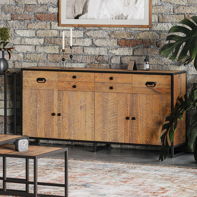 The Ooki Large Door / Drawer Sideboard by Baumhaus is a modular collection of reclaimed timber and steel