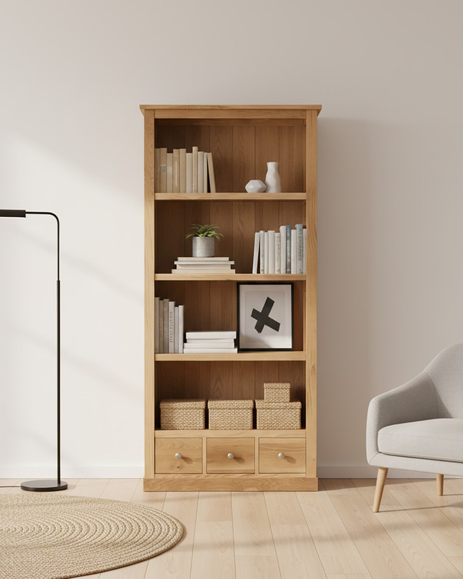 Stockbury Solid Oak Large Three Drawer Bookcase WFS-BH-SBO01A Stockbury Solid Oak Large Three Drawer Bookcase WFS-BH-SBO01A