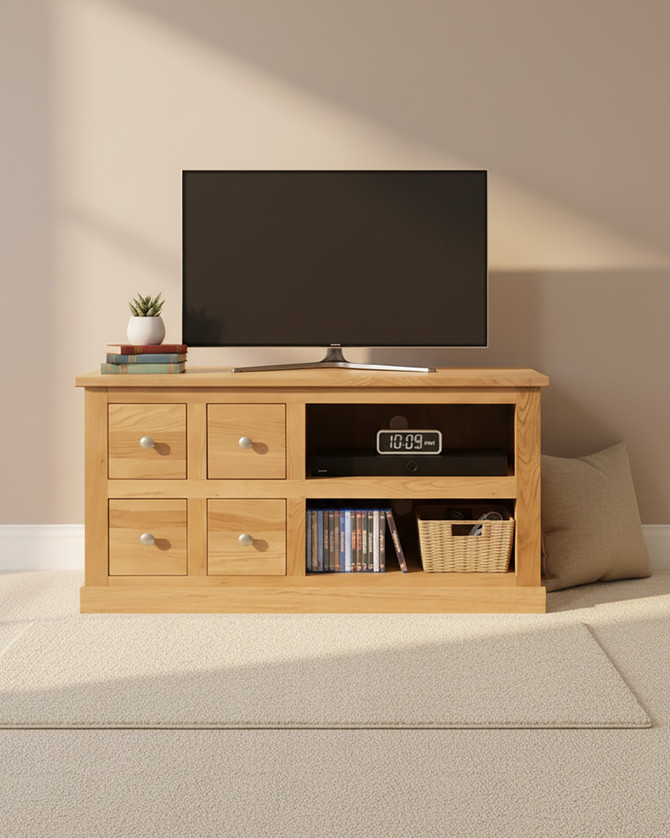 Stockbury Solid Oak Four Drawer Television Cabinet WFS-BH-SBO09A Stockbury Solid Oak Four Drawer Television Cabinet WFS-BH-SBO09A