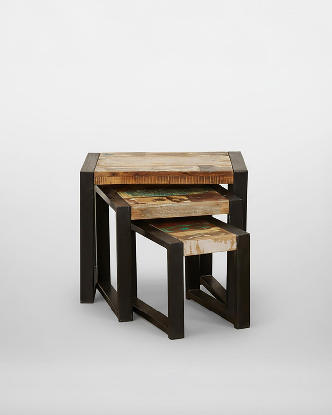 Urban Chic Nest of Tables IRF08A, set of three rustic wood and black metal nested tables. Urban Chic Nest of Tables IRF08A, set of three rustic wood and black metal nested tables.
