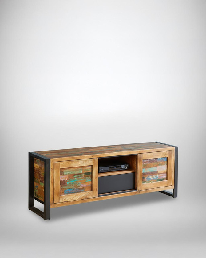 Urban Chic Widescreen Television Cabinet IRF09D, wooden media console with colorful distressed panels and black metal frame, designed for modern living rooms.